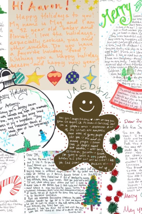 Handwritten, hand-decorated holiday letters from community members to students